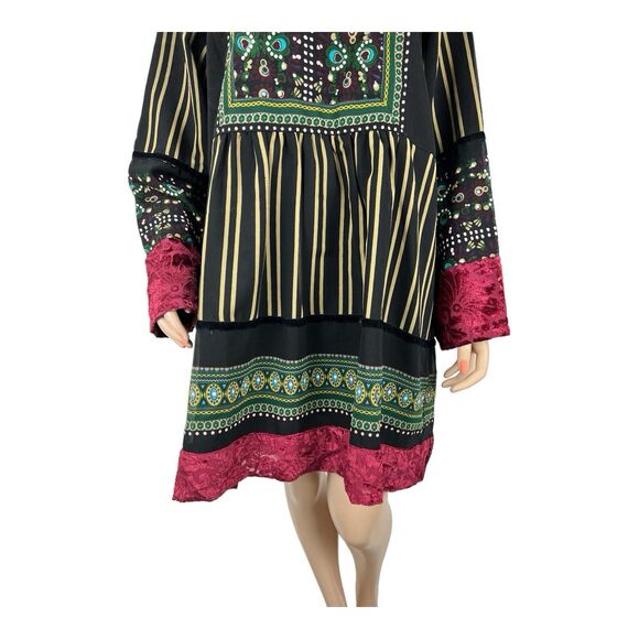 Ulla Popken Boho A Line Tunic Dress Green Floral with Red Velvet Trim SZ 16/18 - Picture 3 of 16